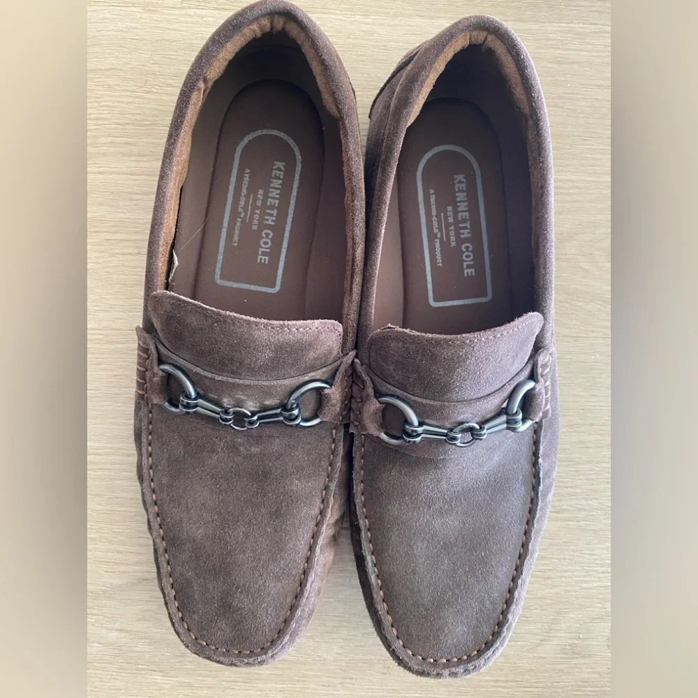 Kenneth Cole NY Brown Suede Driving Loafers Mens Horsebit Chain Slip On 10.5